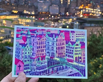 Edinburgh Postcards Pack of 8 & 4  -  Hand-Drawn Landscape Scenery Illustration Edinburgh Art Scotland Britain