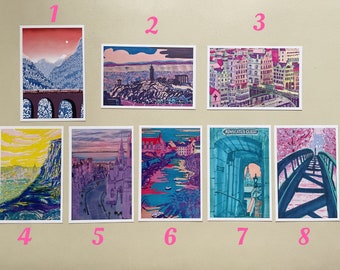 A6 Small Giclée Art Prints. Original Edinburgh Scotland Handdrawn Inkjet Print. Hand-Drawn Fine Art Postcard Size Landscape Illustrations