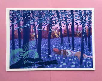 Solo Summer Night in the Woods. Original A4 Illustration Art Print from Handdrawn Digital Work