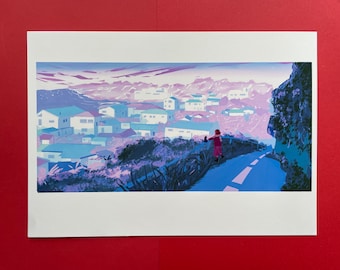 Girl with A Black Cat Inkjet Print.  Lookout of a Seaside Town A4 Illustration Art Print