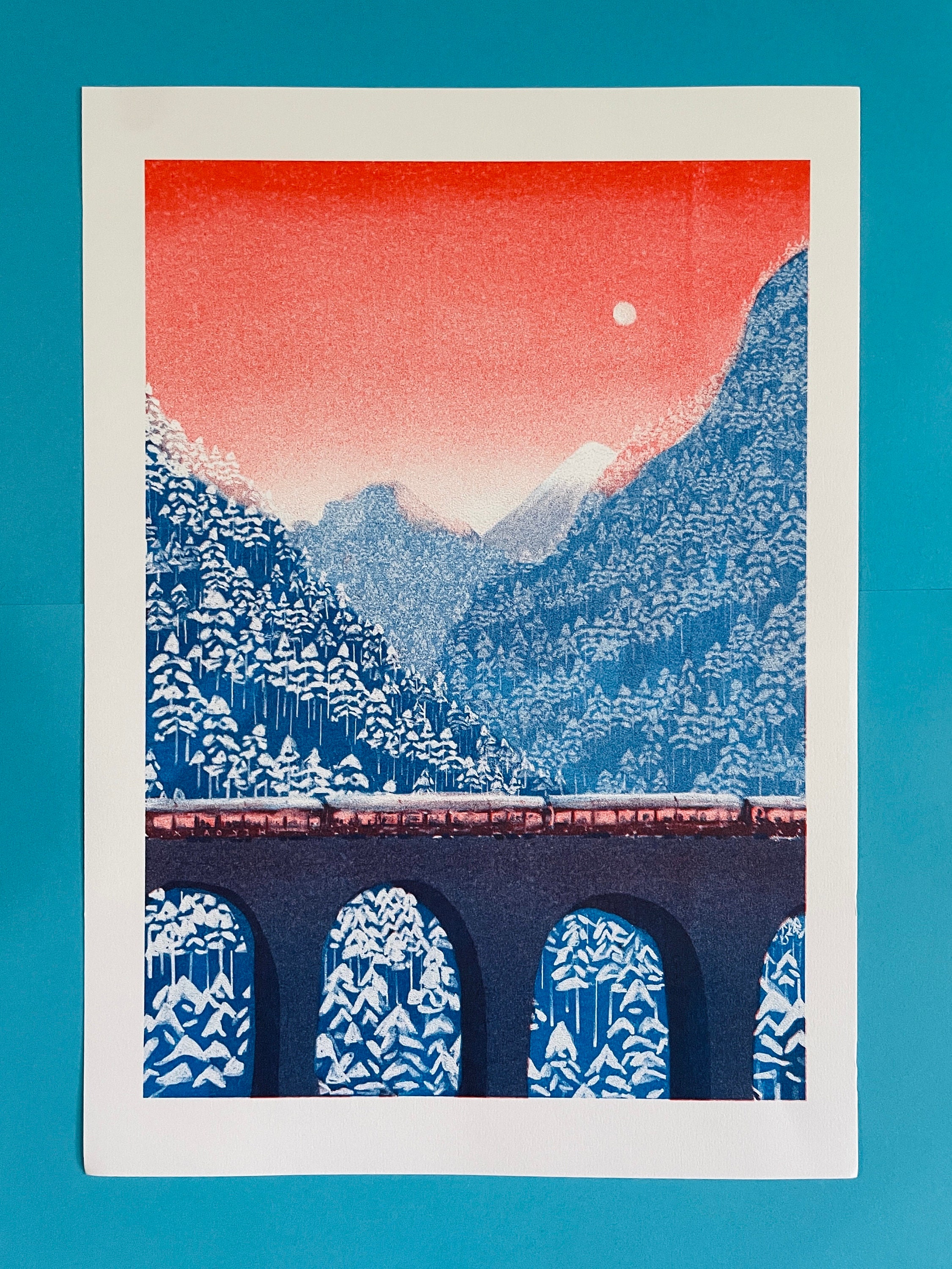 A4 Risograph Print. Slow Train Through Sunset Snowy Mountain Bridge. 2 Colour Landscape riso print.