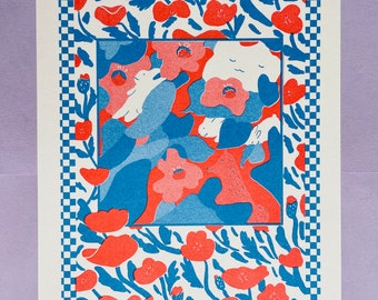 A4 Risograph Print. Siesta Amid Spring Flowers. Blue and Red Riso Print