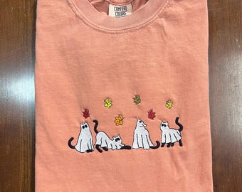 Ghost Cats and Fall Leaves Embroidered TShirt