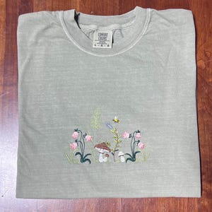 Spring Meadow Mushroom Wildflower Embroidered T-Shirt