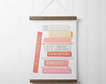 Ten Commandments Art Print, Stacked Books Design (Digital Print)