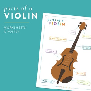 May include: A diagram showing the parts of a violin, including the fingerboard, f-holes, peg, scroll, string, bridge, tailpiece, and chinrest.