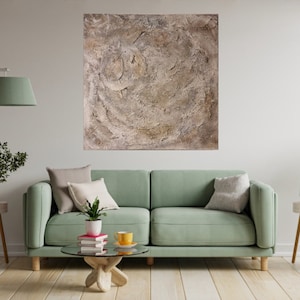 Tableau structurel original acrylique, pierre, sur bois, art, peinture, unique, peint à la main, structure, moderne, sable, relief, blanc, beige, marron, 3D