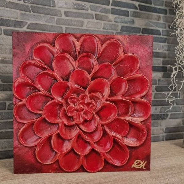 Tableau structurel en acrylique avec motif floral, unique, fait main, moderne, rouge, fleur, relief, 3D