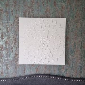 Tableau structurel de lotus, toile, art minimaliste, peinture, unique, peint à la main, structure, moderne, fleur, relief, blanc, 3D