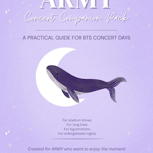 以下が含まれることがあります： ラベンダー色のガイド「ARMY Concert Companion Pack」には、クジラのイラストが描かれています。「A Practical Guide for BTS Concert Days」や「For stadium shows」、「For unforgettable nights」などのフレーズが含まれています。
