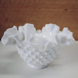 Vintage Fenton Hobnail Milk Glass Fluted Ruffled Candy Dish