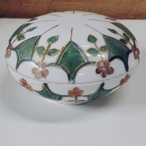 Vintage Limoges France Art Deco Jewelry Trinket Bowl and Lid Floral with Green Figures