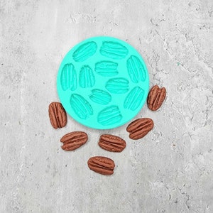 Könnte beinhalten: Eine türkisfarbene Silikonform mit 14 Hohlräumen in Form von Pekannüssen. Es liegen 7 Pekannusshälften um die Form herum.