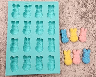 Gummy Marshmallow Bunny Candies 16-Cavity Silicone Mold for Wax Melt Making, Candle Embeds, Soap Making