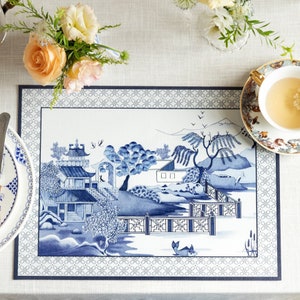 Retro Blue and White Pattern Placemats, Chinoiserie PU Leather Heat Insulation Placemat, Table Mats Set, Dining Room Kitchen Decor