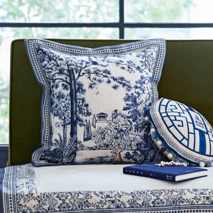Funda de almohada de chenilla azul y blanca, funda de cojín con estampado chinoiserie