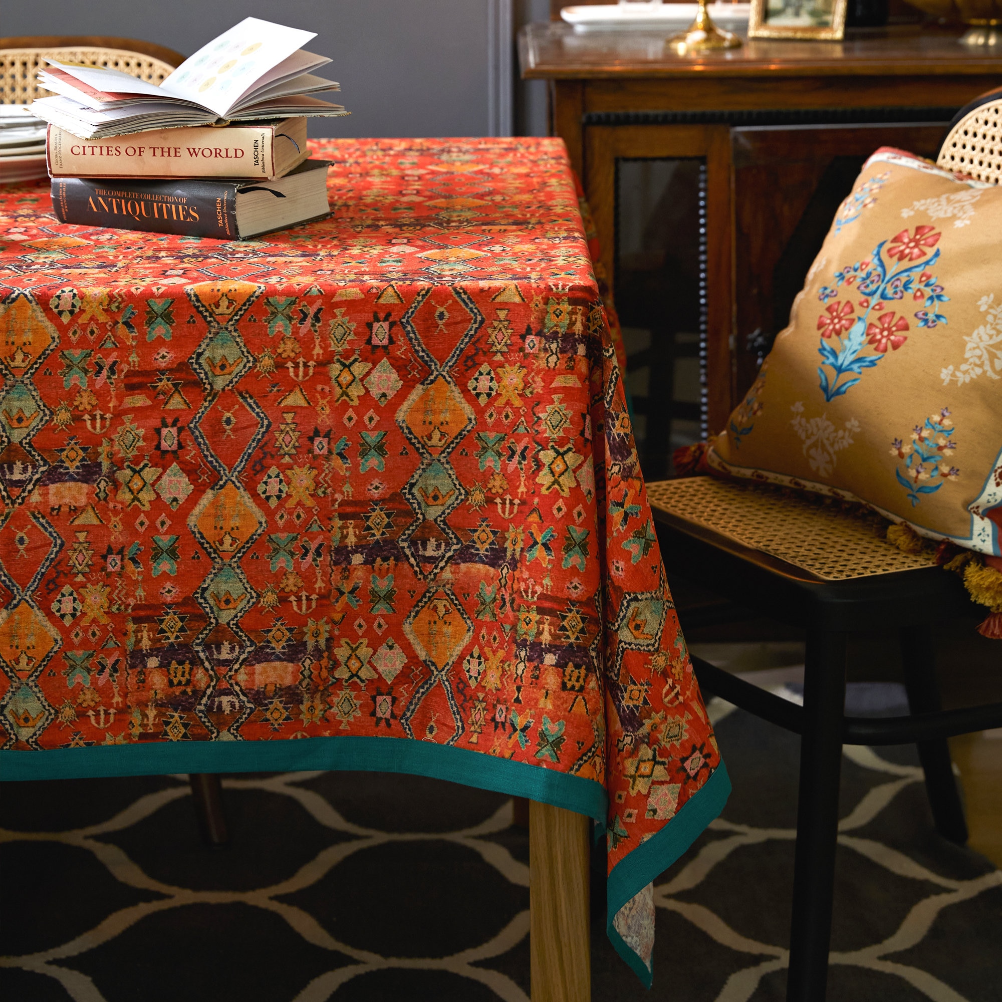 Linen Orange Red Tribal Tablecloth, Kilim Printed Table Cloth, Boho Western Vintage Style Dining Room Decor