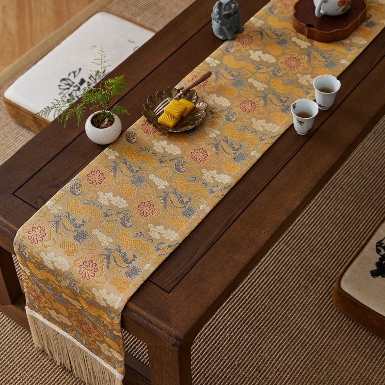 Oriental Elegance High-Density Jacquard Craftsmanship Tea Table Runner Auspicious Sign Housewarming Gift Tea Table Decor Custom Made image 4