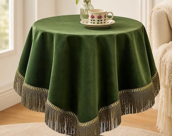 Forest Green Velvet Tablecloth, Fringe Side Table Cover, Custom Small Table Linen
