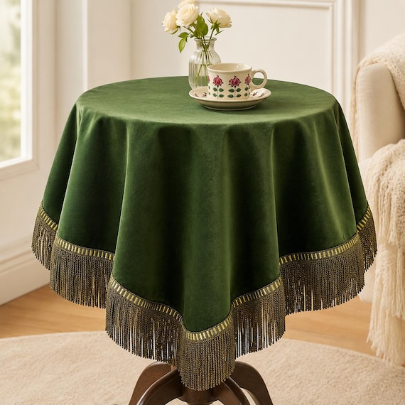 Forest Green Velvet Tablecloth, Fringe Side Table Cover, Custom