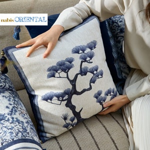 French Blue Tree Throw Pillow Cover- Art Print Chenille-Corduroy Pillowcase with Unique Design & Delicate Silky Touch, Sofa Cushion for Home