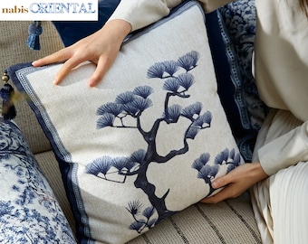 French Blue Tree Throw Pillow Cover- Art Print Chenille-Corduroy Pillowcase with Unique Design & Delicate Silky Touch, Sofa Cushion for Home