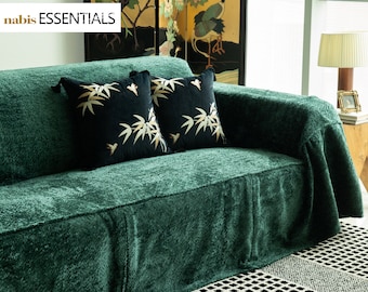 Emerald Green Chenille Sofa Cover, Plush Texture Couch Throw