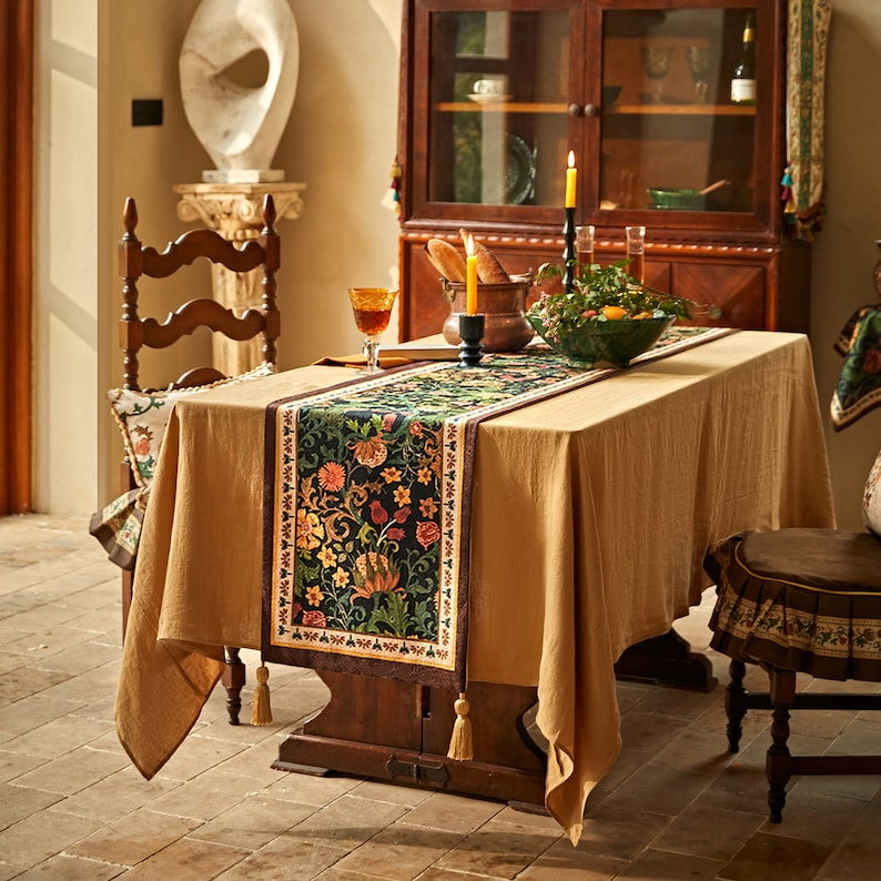 William Morris Pattern Floral Design Table Runner with Tassels Retro Elegant Summer Table Runner for Kitchen Dining Office Desk image 7