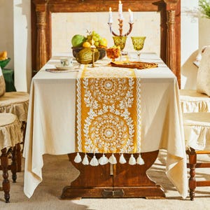 Custom Golden Embroidered Table Runner, Floral Tassel Farmhouse Dining Decor