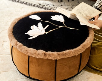 Embroidery Flower Pouf Ottoman Cover Custom Made Velvet Pouf Cover Rustic Pouf Cover Oriental Ottoman Cover Chinoiserie Gift Home Gift