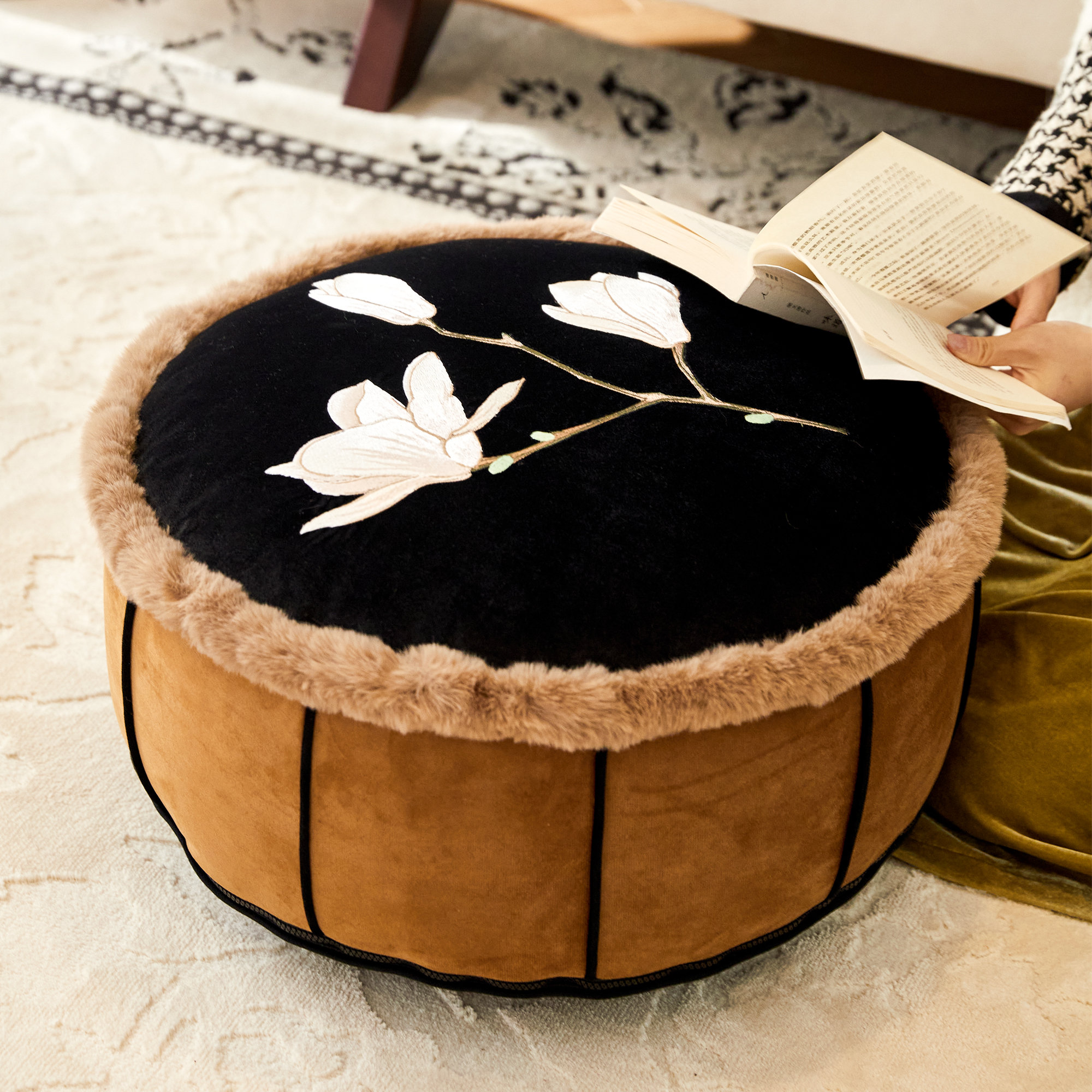 Embroidery Flower Pouf Ottoman Cover Custom Made Velvet Pouf Cover Rustic Pouf Cover Oriental Ottoman Cover Chinoiserie Gift Home Gift