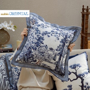 French Blue Forest Throw Pillow Cover Art Print Chenille Pillowcase with Unique Design  Delicate Silky Touch Home Sofa Cushion Gift for Home