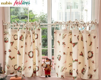 Christmas Flower Curtain Valance Minimalist Bath Curtain Fabric Bathroom Holiday Floral Farmhouse Kitchen Window Curtain with Ties