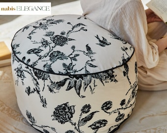 Black Floral Pouf Cover, Velvet Ottoman Footstool (Unstuffed), Round Floor Cushion, Custom Size