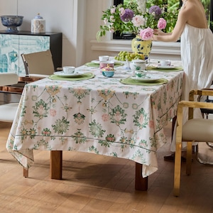 Custom Linen Blend Tablecloth, Waterproof Floral Table Cover, Dining & Kitchen
