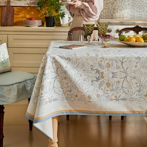 Waterproof Forest Rabbit Tablecloth, Blue Botanical Farmhouse Table Cover, Custom Size Dining Room Decor, Country Kitchen Wedding Party