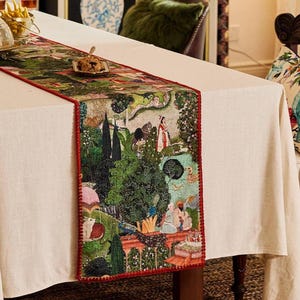 European Tapestry Chenille Table Runner, Elegant Pastoral Scene, Red Trim
