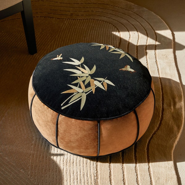 Housse de pouf de sol en bambou avec broderie orientale, décoration de meubles de maison fait main, housse de pouf ottoman rond, housse de coussin de sol uniquement, non rembourré