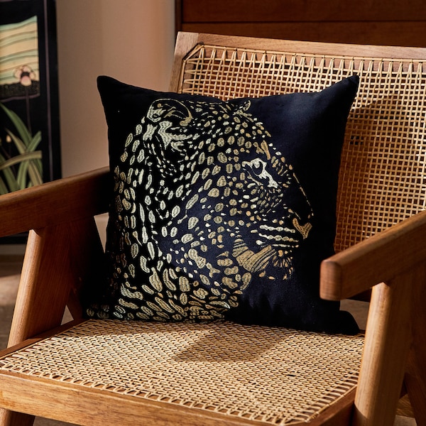 Taies d'oreiller luxueuses faites main en velours avec broderie léopard, housse de coussin animal noir rétro, housse de coussin léopard 18 x 18 pouces, décoration d'intérieur