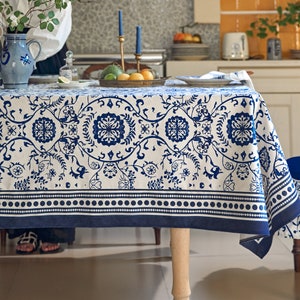 Retro Blue and Pearl White Porcelain Pattern Block Print Table Cloth, Custom Floral Rustic Table Cloth, Gift for Her, Idigo Blue Tablecloth