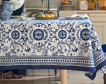 Retro Blue and Pearl White Porcelain Pattern Block Print Table Cloth, Custom Floral Rustic Table Cloth, Gift for Her, Idigo Blue Tablecloth