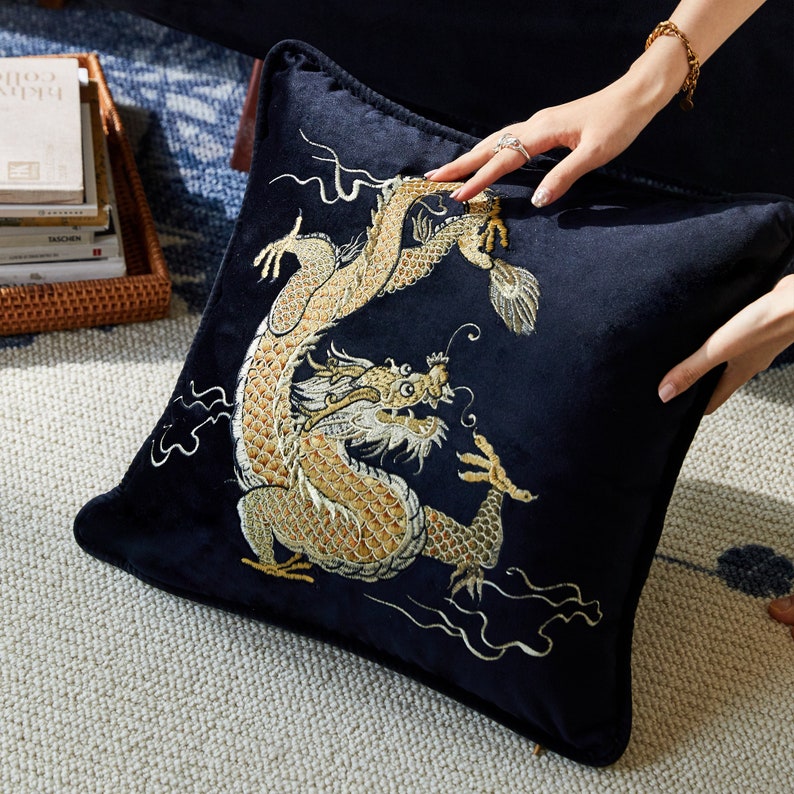 Black Velvet Embroidery Dragon Cushion Cover, Art Design Animal Pattern Pillowcases, Modern Accent 19x19inch Throw Pillow Cover, Home Decor image 6