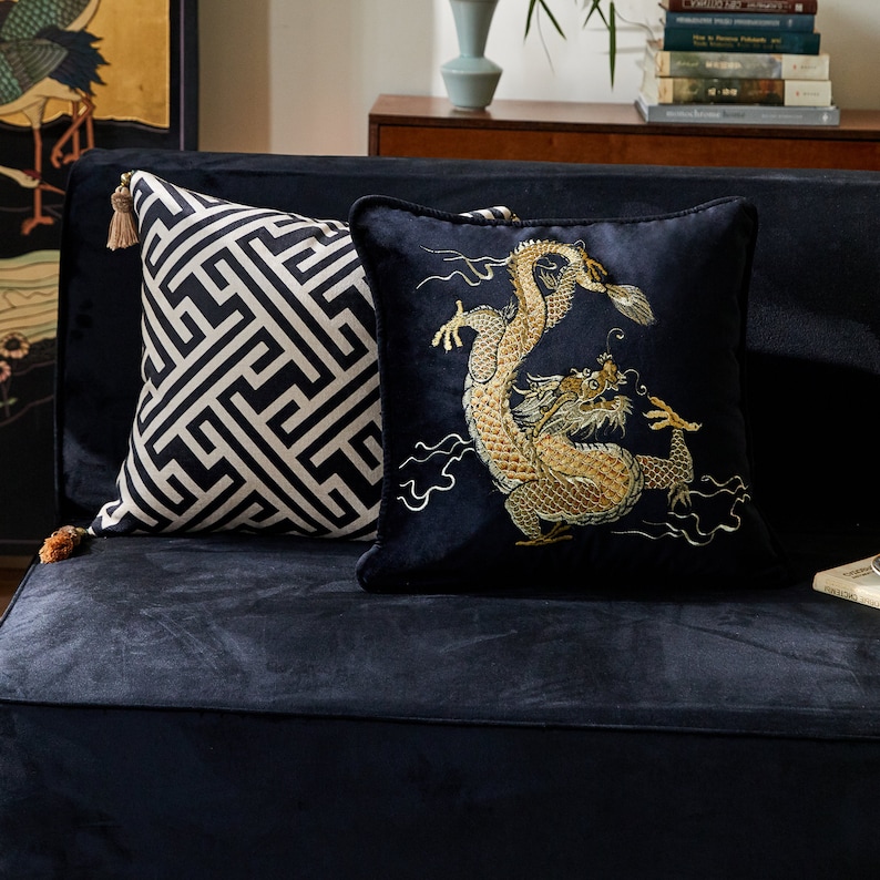 Black Velvet Embroidery Dragon Cushion Cover, Art Design Animal Pattern Pillowcases, Modern Accent 19x19inch Throw Pillow Cover, Home Decor image 7