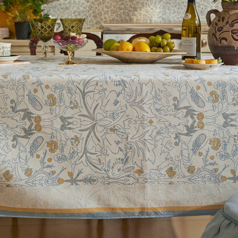 William Morris Blue Hand-Drawn Minimalist Forest Tablecloth, Rustic Waterproof Table Cloth, Dining Table Cover Farmhouse Party Home Kitchen image 7