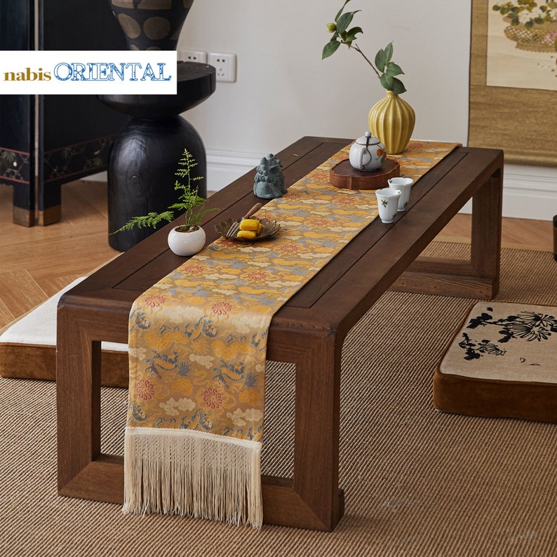 Oriental Elegance High-Density Jacquard Craftsmanship Tea Table Runner Auspicious Sign Housewarming Gift Tea Table Decor Custom Made image 1