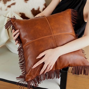 Federa per cuscino in pelle marrone di lusso, decorazione per la casa, federa per cuscino boho personalizzata, regalo personalizzato per il soggiorno, regali fatti a mano