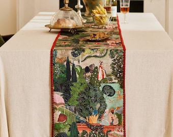 Runner da tavola personalizzato in arazzo, runner in ciniglia con paesaggio europeo, decorazione per la sala da pranzo ispirata alle fiabe.