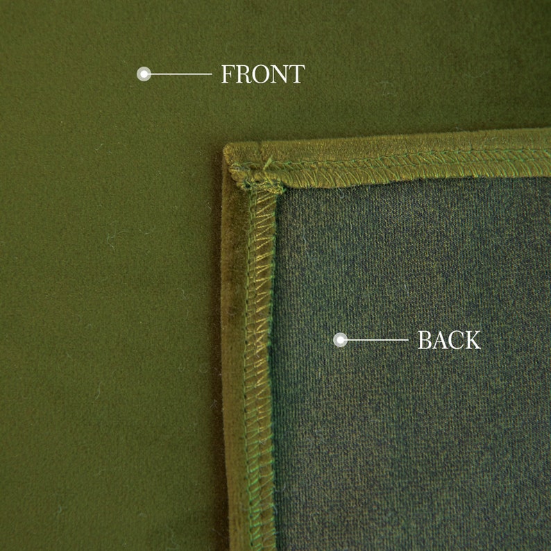 May include: Close-up of a green fabric with a stitched border. The front of the fabric is a solid, matte green, while the back is a darker shade. The word "FRONT" and "BACK" are labeled on the image.