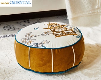 Oriental Design Pouf Cover Chinoiserie  Ottoman Cover Embroidery Pavilion Pattern Floor Cushion Cover Retro Living Room Decor Home Gifts
