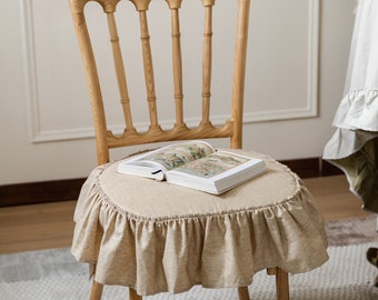 Funda de lino para silla, beige rústico, volante estilo francés campestre